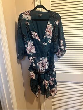 City Chic Teal Floral Wrap Dress with Blush Accents